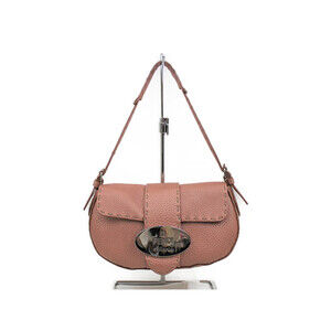 FENDI Selleria Handbag Pouch Leather Pink Beige Tan Silver